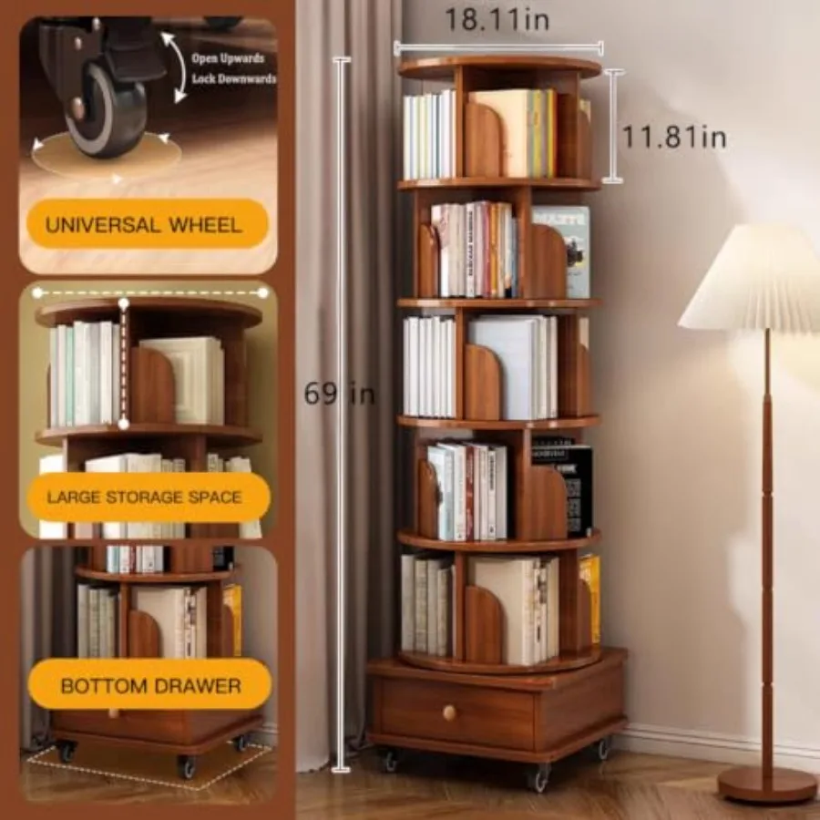Rotating Bookshelf 5 Tier Bookcase with DrawerandWheels, Spinning Book Shelf Revolving Tower for Bedroom, Living Room, Kid's Ro