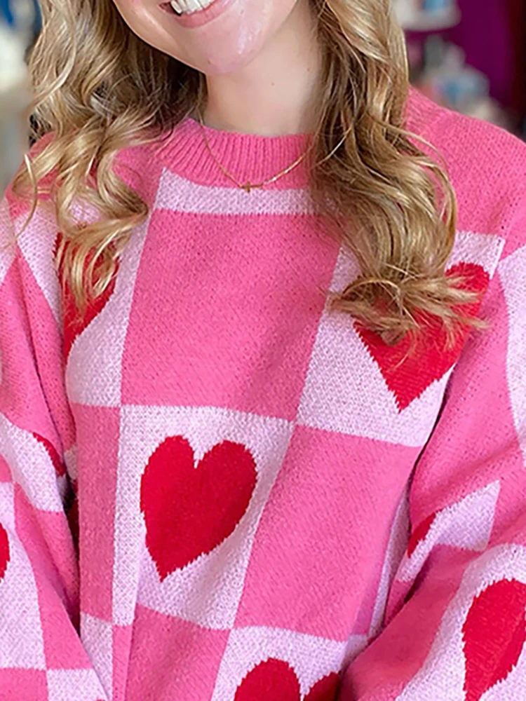 Spring and Autumn Women's Long Sleeve Casual Style Adhesive Material 2025 New Fashion Round Neck Love Grid Knitted Hoodie