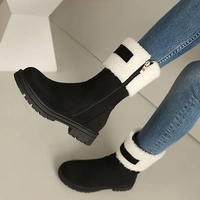 

ORCHALISA/женские зимние теплые зимние ботинки до середины икры для отдыха с круглым носком на плоской подошве из флока, замши на молнии, смешанные цвета, большие размеры 46, 47 48