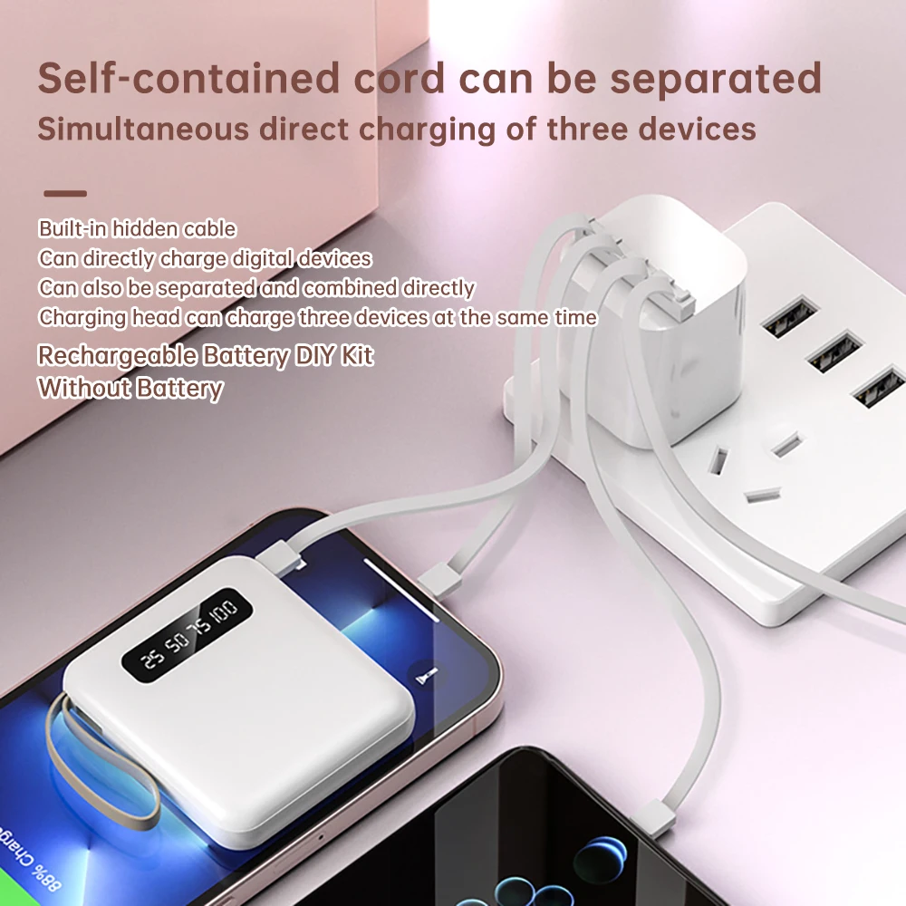 Mobile Power Bank With Charge Capacity Screen Display Four Wire DIY Kit Comes With A Detachable Cable For Easy Carrying