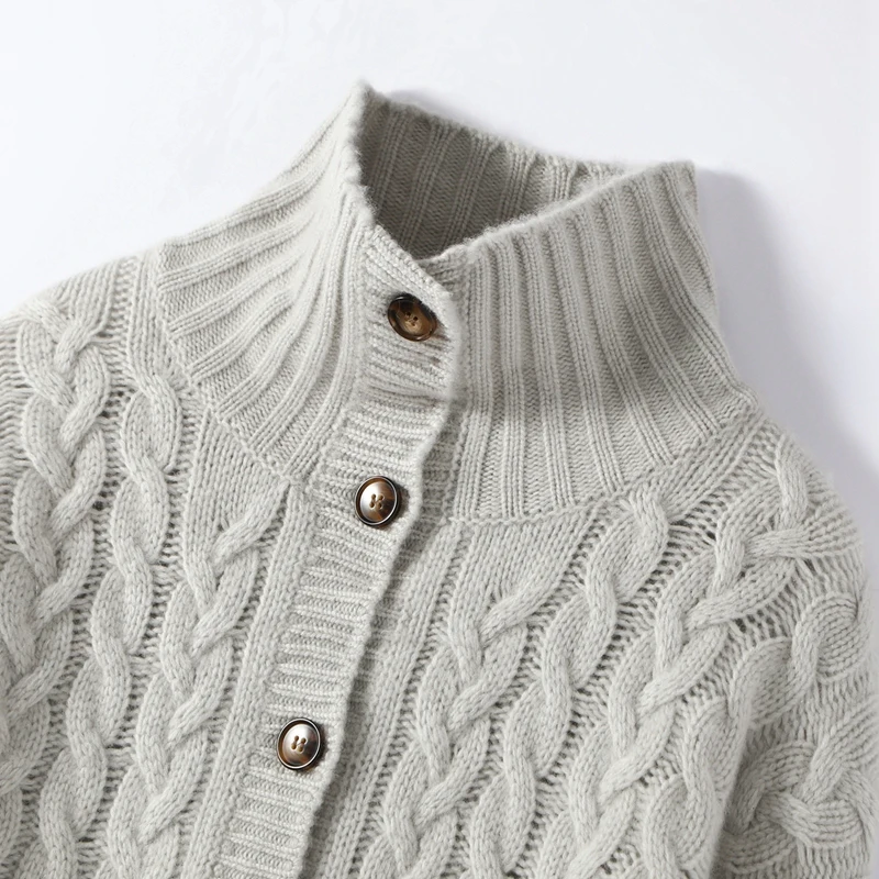 Women Cashmere Sweater Stand-up Collar Twist Flower Cardigan Autumn Winter Jacquard Thicken 100% Cashmere Knitwear Clothing
