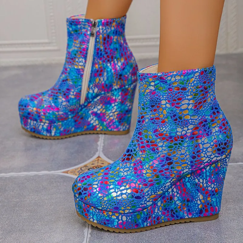New Trendy Color Wedge Heel Casual Women's Short Boots Spring Autumn Design Fashionable Round Toe Comfort High Heel Women Shoes