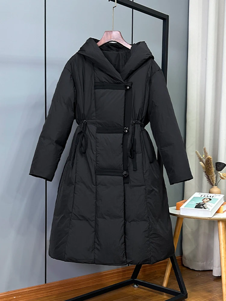 Zimowa kurtka puchowa z kapturem, damska, luźna, ocieplana, z białego puchu kaczego, gruba, jednolita, parka, odzież wierzchnia, damska, ze sznurkiem, do kolan.