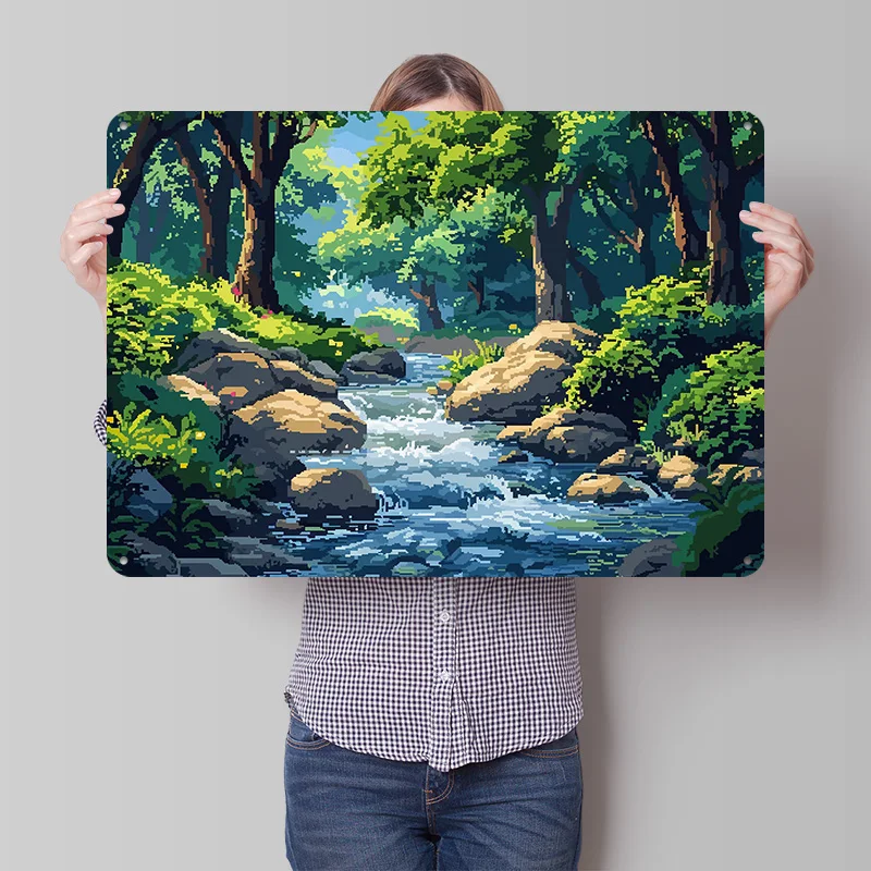 Pixel Art Zen Forest River 3D Texture Printed Poster Custom Vintage Metal Tin Plate Sign for Wall Art Home Decoration Luxury