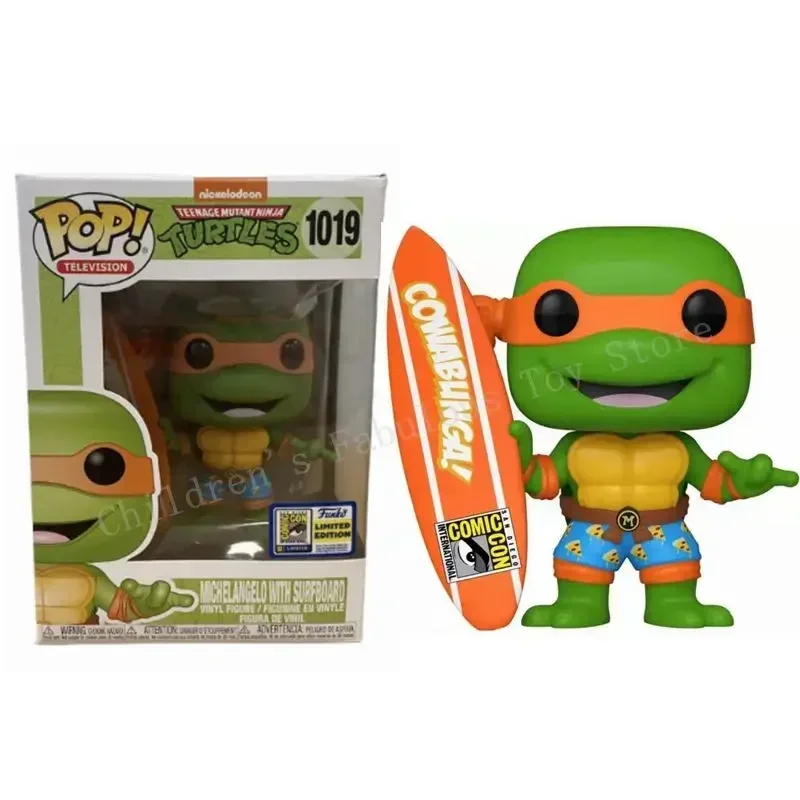 NUEVA llegada funko pop Tortugas # 18 Michelangelo con sufrboard # 1019 Figuras de acción de anime Colección de juguetes Muñecas Regalos para niños