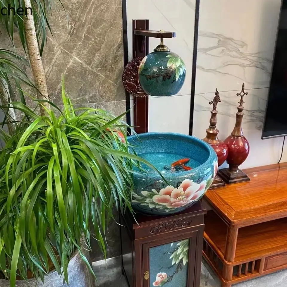 

A7 magnolia ceramic cabinet goldfish tank - floor-standing ceramic fish bowl with circulating water feature for home use