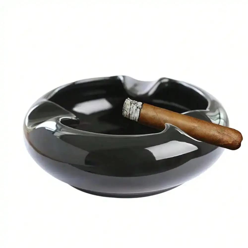 

Premium Black Ceramic Cigar Ashtray With 3 Extra Wide Grooves | Heavy Duty Ash Tray For Large Cigars | Indoor & Patio Use | Smooth Surface, Easy Clean