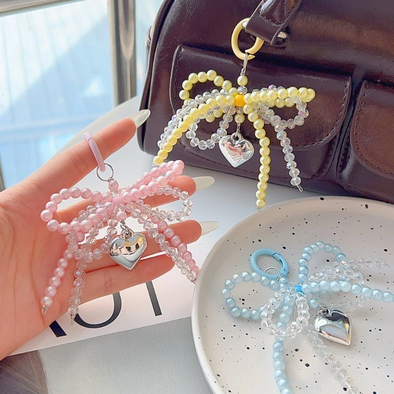 

Y2K Bowknot Pearls Bag Pendant Charm Heart Keychain Elegant Beaded Keyring Sweet Bow Phone Key Chain