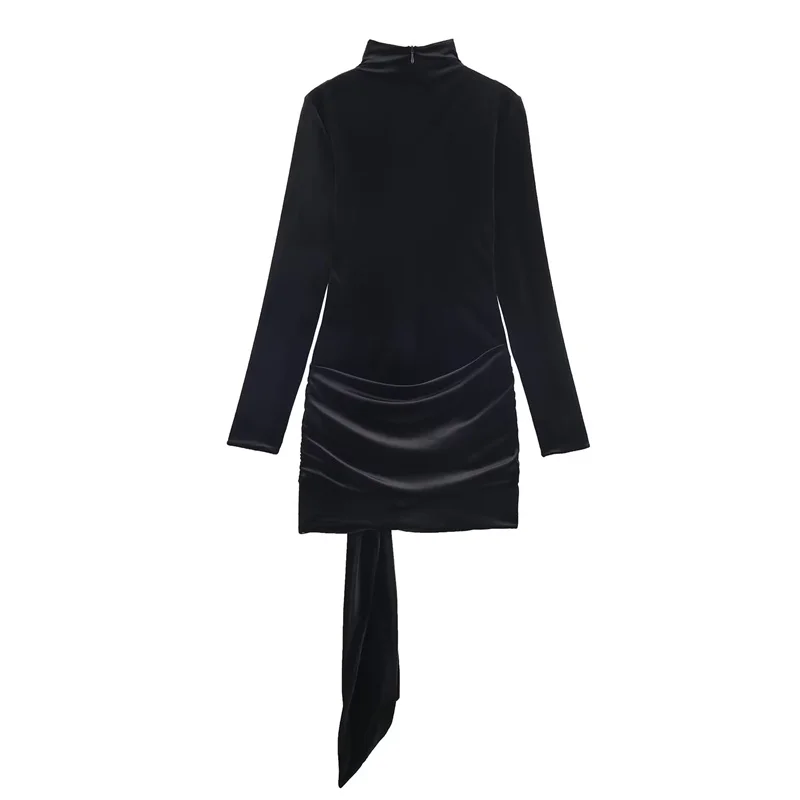 Abito da donna 2025 Autunno Nuovo stile Abito in velluto nero a maniche lunghe con decorazione cintura Abito corto Stile socialite Elegante