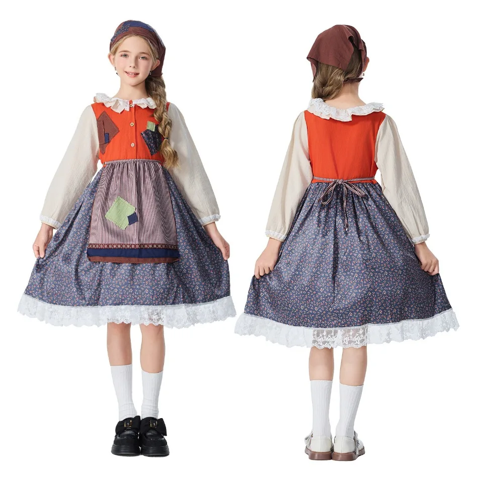 Girls Rustic Farmhouse Patchwork Peasant Dress Kids Country Storybook Character Outfit Halloween Photoshoot Stage Costume PS66