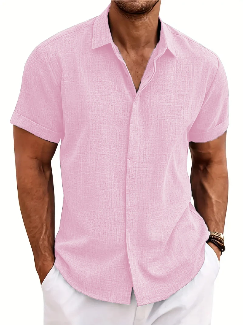 2024 nova camisa de manga curta masculina de verão cor sólida lapela escondida fivela casual praia moda high street topo