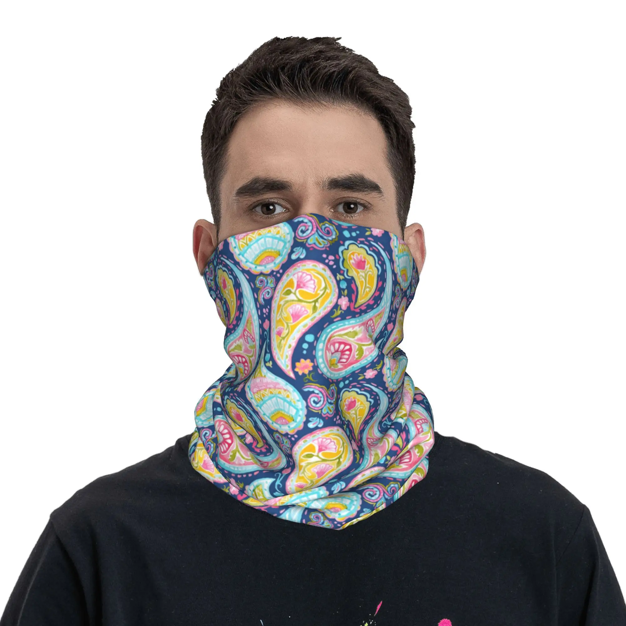 Custom Colorful Retro Paisley Pattern Bandana Winter Neck Warmer Men Windproof Wrap Face Scarf for Hiking  Gaiter Headband