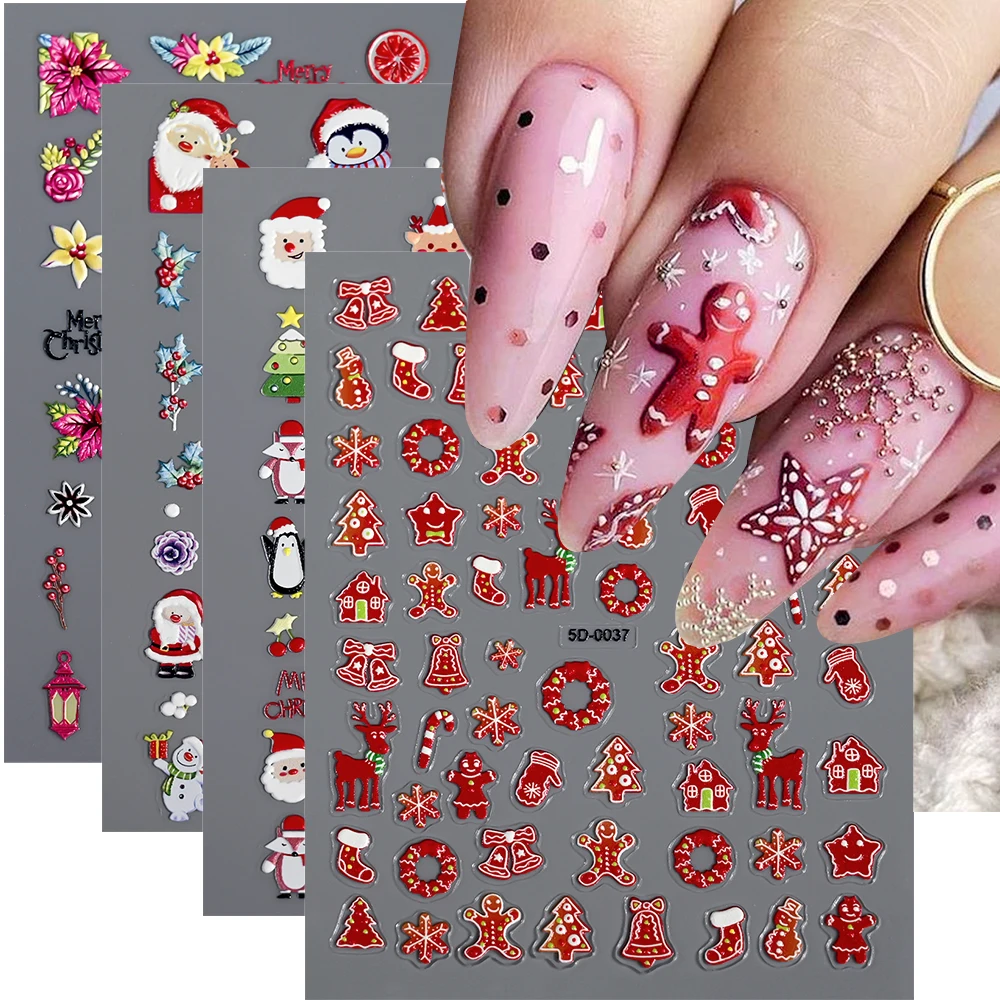 1PC 5D Embossed Christmas Nail Stickers Gingerbread Man Snowflake Snowman Penguin Nail Decal Autumn Winter Nail Supplies Decor *