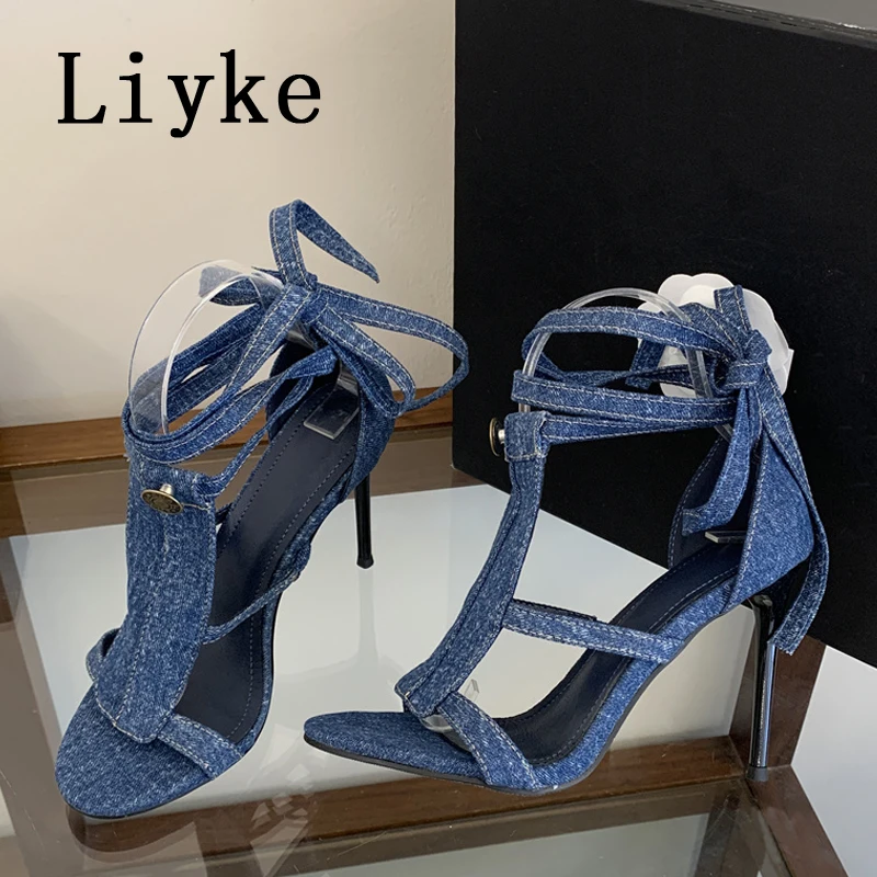 Liyke Summer Blue Denim High Heels Women Sandals Fashion Button Ankel Cross Strap Ladies Shoes Sexy Open Toe Sandalias De Mujer