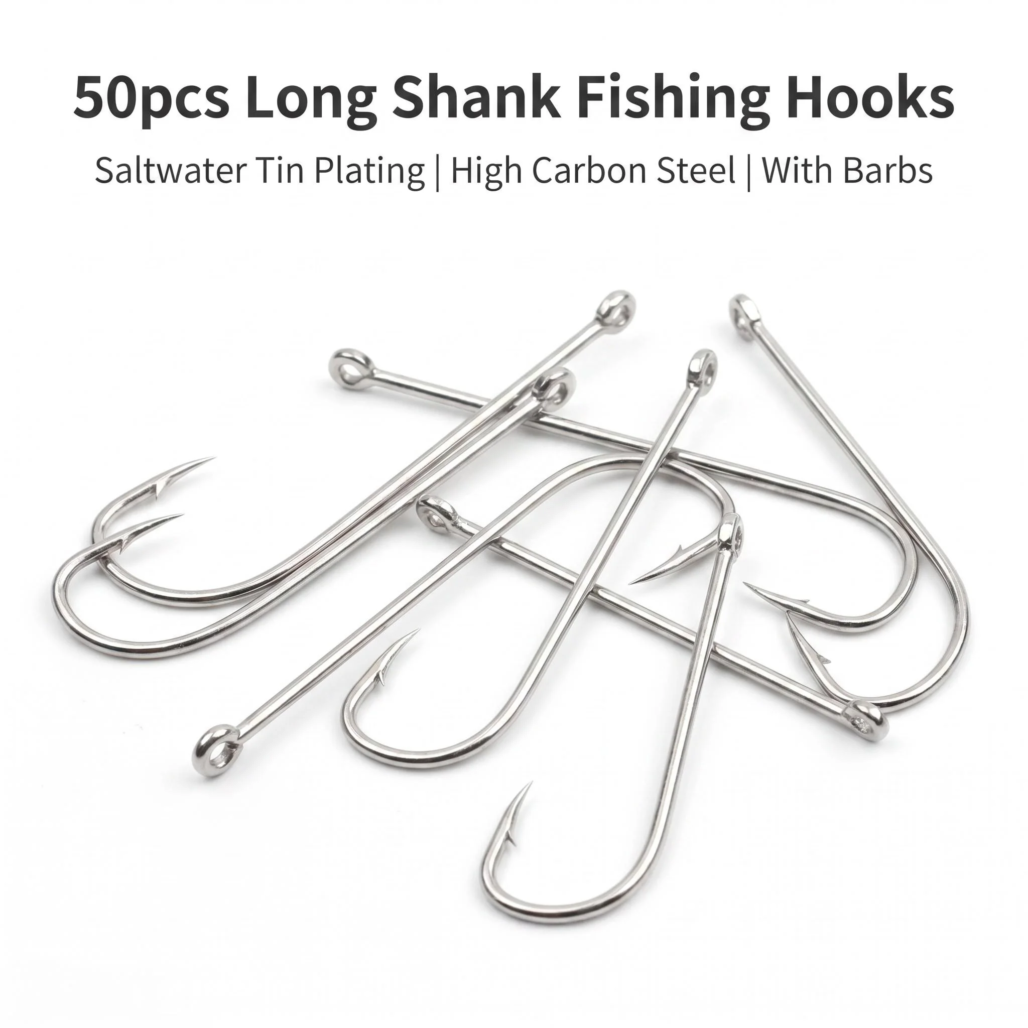 50pcs Long Shank Saltwater Circle Hooks – Tin Plated High Carbon Steel Barbed for Offshore Angling Lure