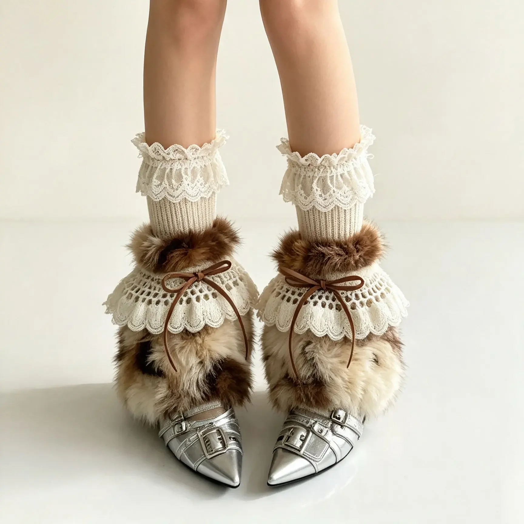 Winter Women Retro Style Short Leg Warmers New Color Block Lace Tie Slouch Socks Daily Outdoor Cycling Skiing Leg Warmers