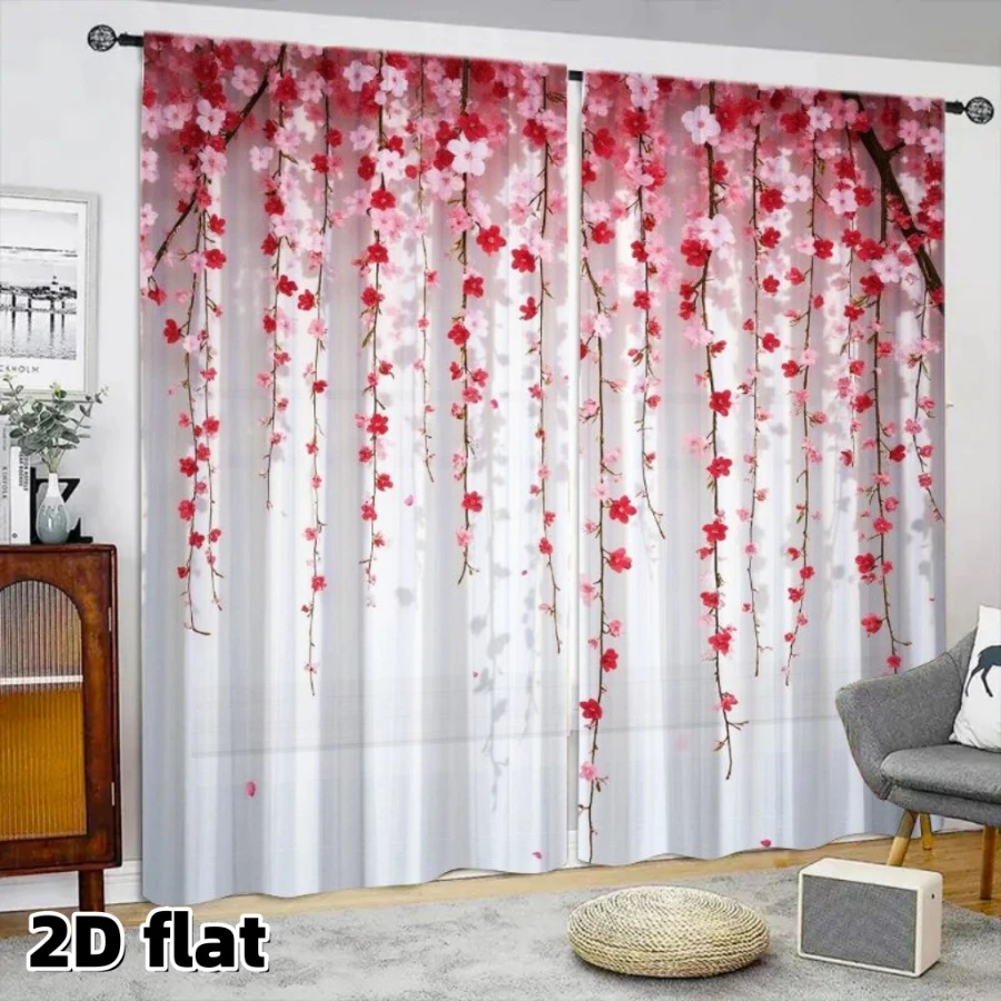 2PCS Digital Printed Curtains, Pink Sakura Waterfall Japanese Spring, Modern Home Decor Style for Living Room Bedroom Decor