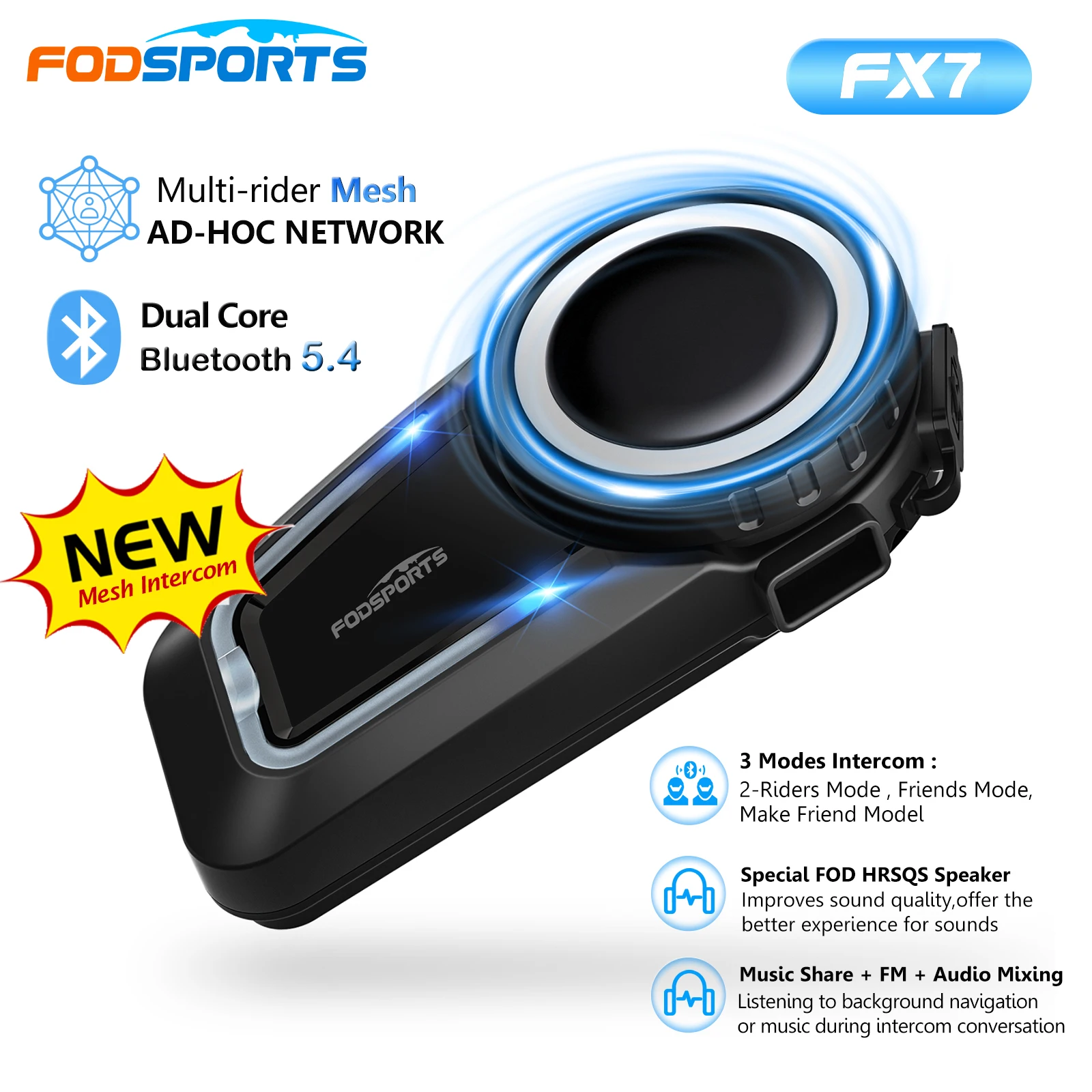 Fodsports FX7 Mesh Intercom Bluetooth Motorcycle Helmet Headset,Dual Core BT5.4,Max 10 Riders 2000m, Audio Mixing+FM+Music Share