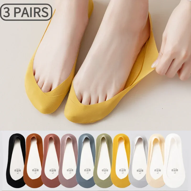 3 Pairs Ankle Socks for Women No Show Low Cut Short Thin Non-slip Silicone Summer Breathable Invisible Ice Silk Boat Nylon Sock