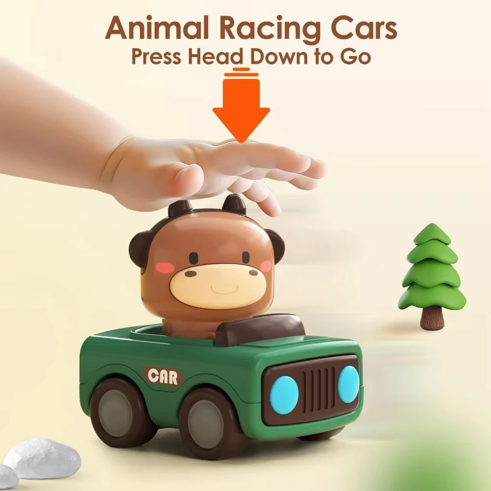 Voiture de dessin animé mignonne, jouet interactif d'anniversaire pour nourrissons, véhicule de jeu, voiture de course d'animaux pour tout-petits de 1 à 3 ans