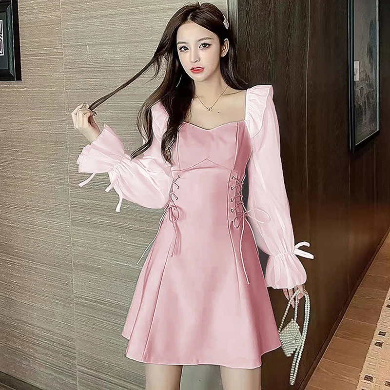 Mini Vintage Dress Women Square Collar Elegant Korean Long Sleeve Casual Dresses Sweet Pink Short Skirt