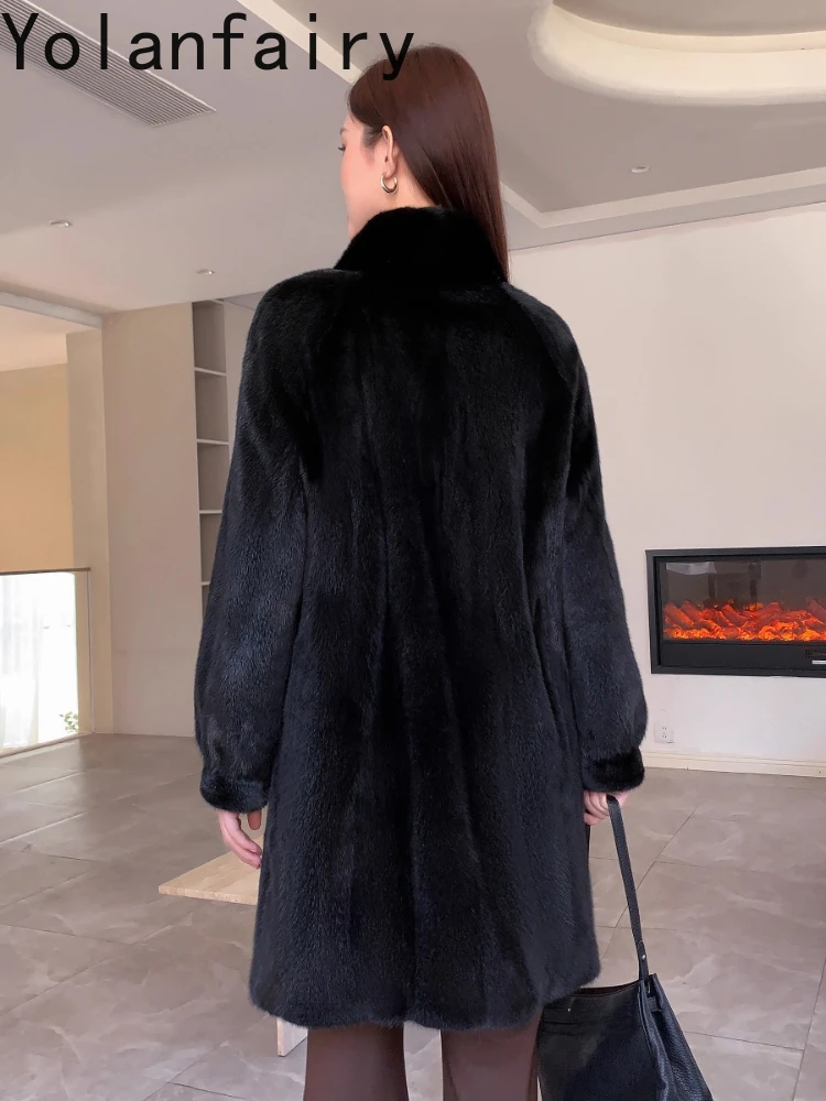 YOLANFAIRY جديد معطف فرو المنك الحقيقي المرأة سترة 2025 الشتاء الفاخرة منتصف طول معطف الفرو الطبيعي امرأة الوقوف طوق معاطف الفراء الأسود #2