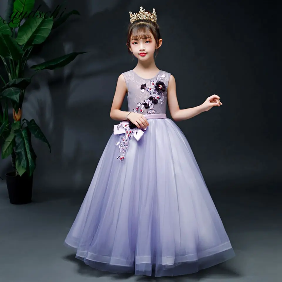 

Purple Lace Appliques Flower Girl Dresses For Weddings Sleeveless Todder Shiny Sequined Crystals Beading First Communion Gowns