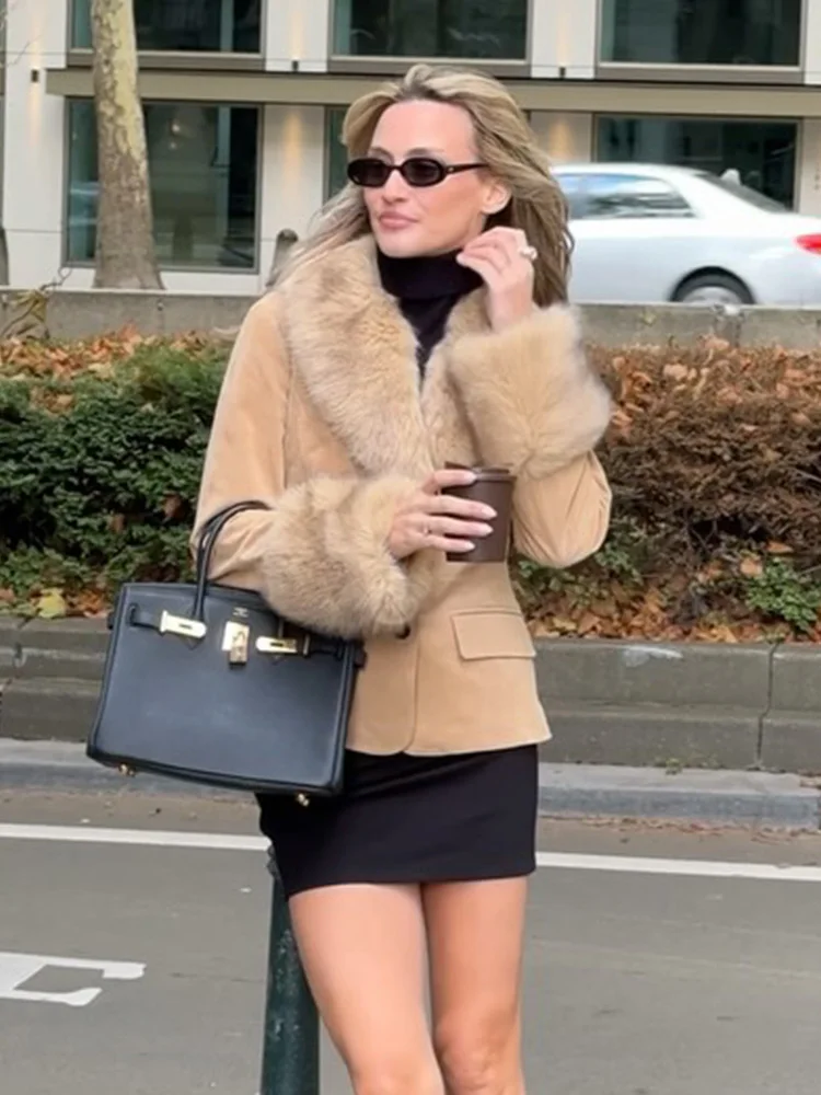 

HH женский однобортный карманный костюм с длинными рукавами и съемными меховыми лацканами, замшевый костюм, пальто, женское пальто для отдыха