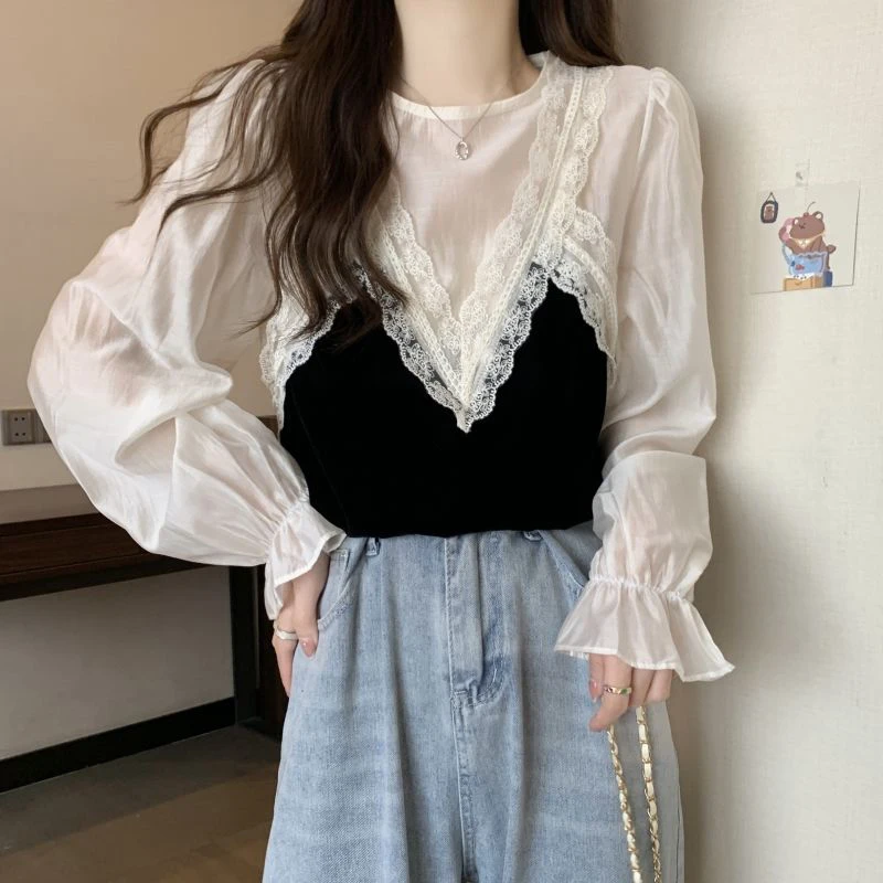 Spring Autumn Round Neck Fake Two Piece Lace Patchwork Korean Style Shirt Ladies Sweet Loose All-match Pullover Top Women Blouse