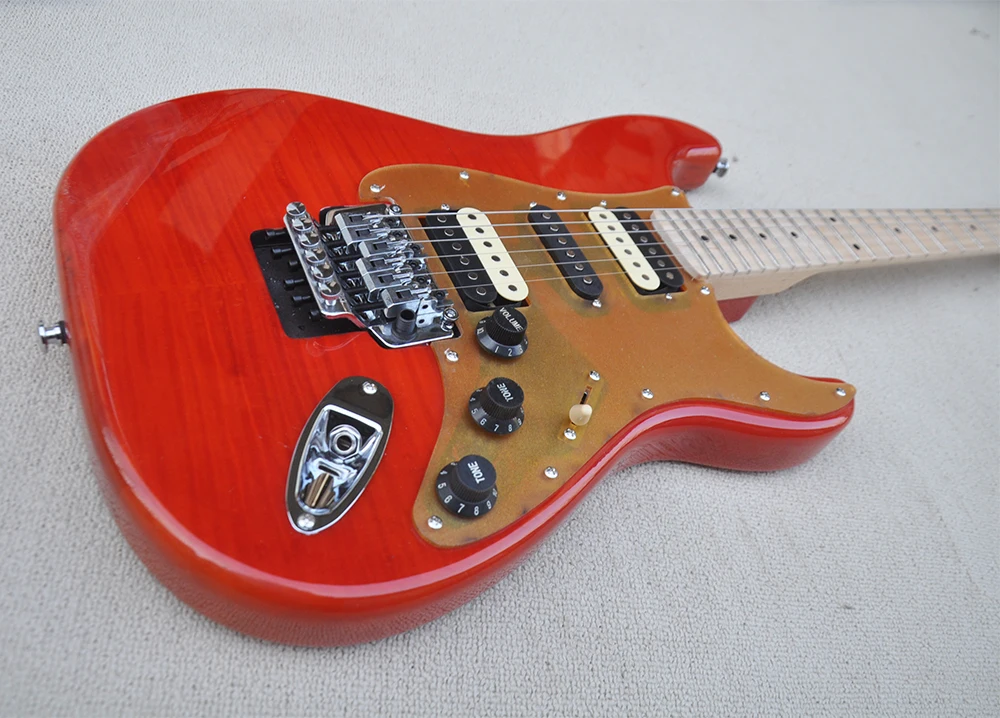 6 Strings Red Electric Guitar with Reverse Headstock,Flame Maple Veneer.Maple Fretboard