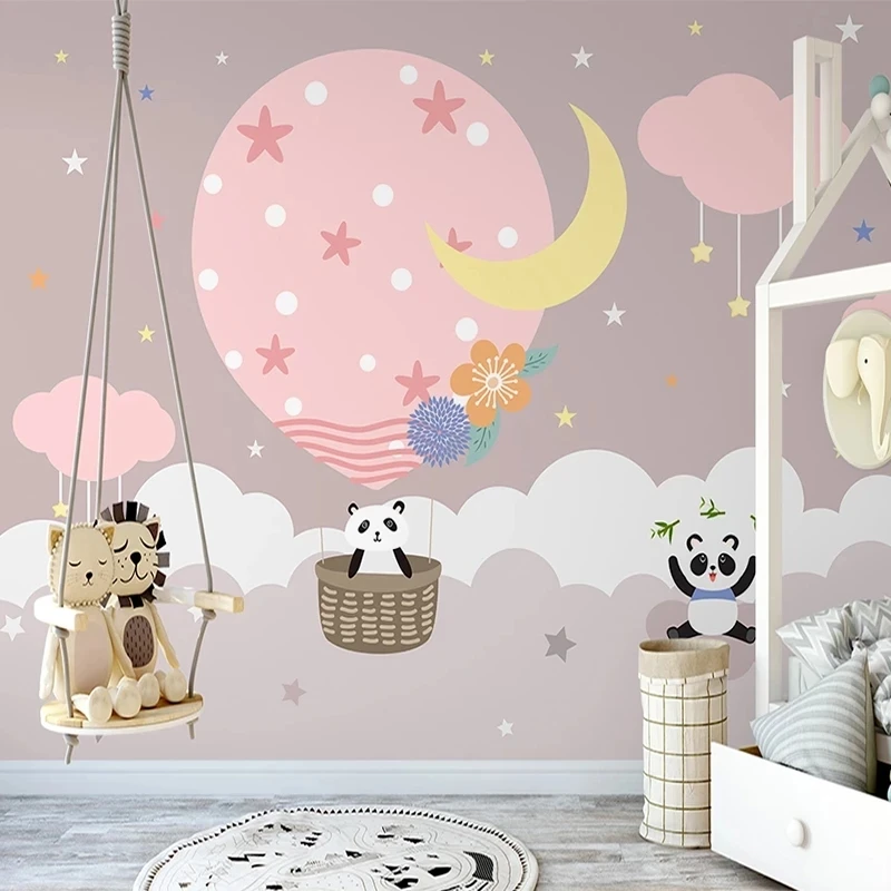 Custom 3D Wallpaper Hand Painted Pink Hot Air Balloon Panda Starry Sky Mural Children's room Living room TV background bedroom