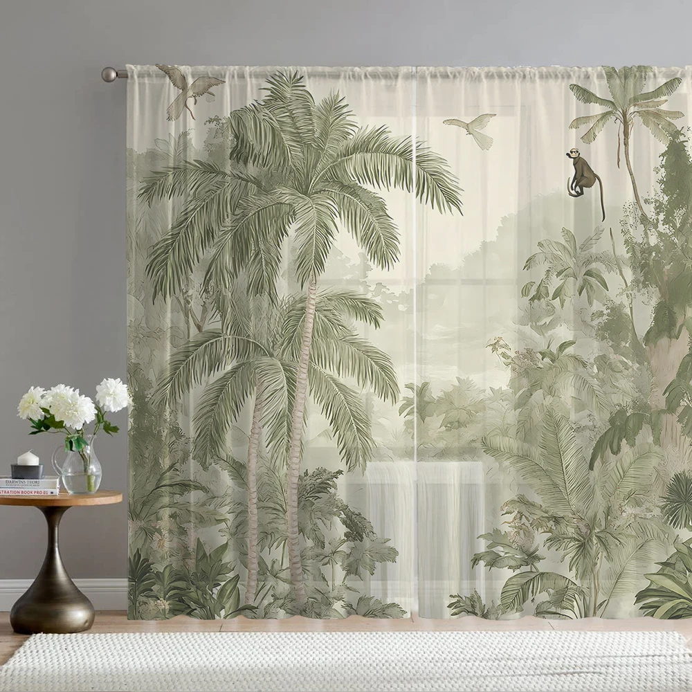 2PCS Home decoration printed window screens, green forest, with pole bags, suitable for kitchens, cafes, and living rooms