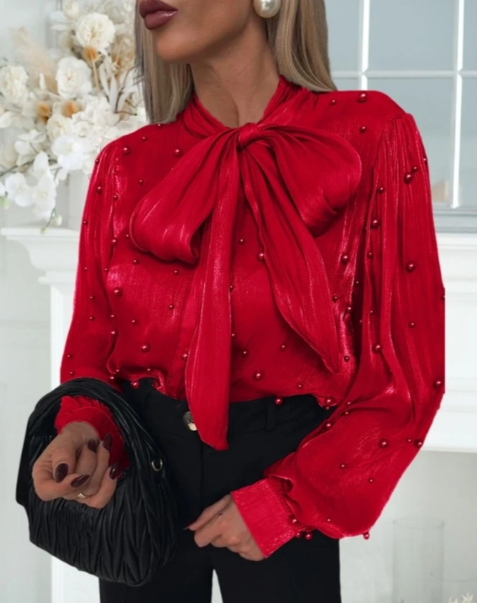 

Elegant Tie Neck Beaded Long Sleeve Tied Detail Blouses Casual Shirts 2025 Autumn Winter New Fashion Female Clothing for Women