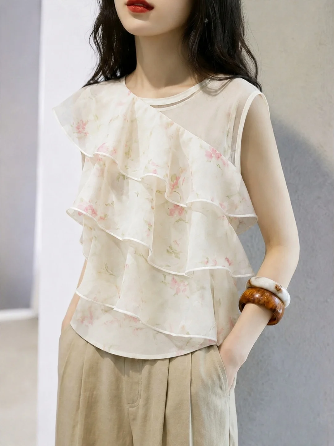 

New Gentle Floral Lace Trim Vest Loose Summer Sleeveless Women's Top Korean Style Straight Cut Silken Blend round Neck Tunic
