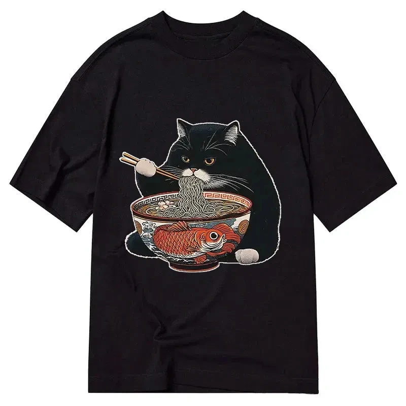 Black Cat Eating Ramen with Koi Fish Bowl T-Shirt Men Women Cute Japanese Art Print Casual Streetwear Short Sleeve Tee Tops
