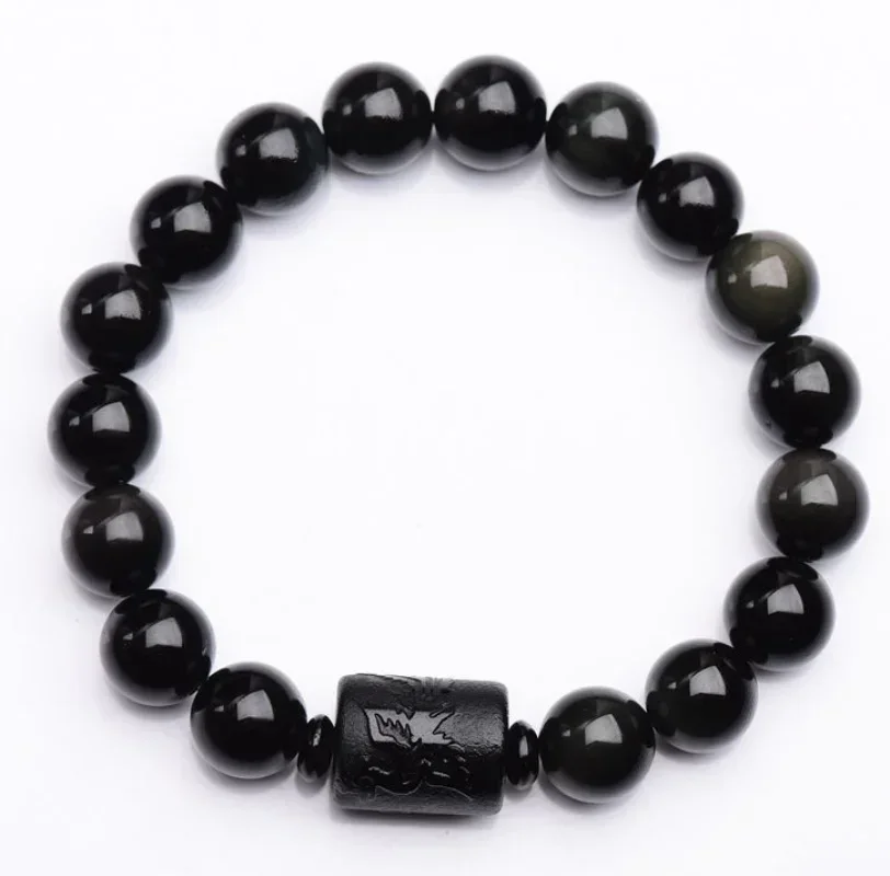 10/12MM Natural Black Obsidian Carved Buddha Lucky Amulet Round Beads Strand Bracelet For Women Men Jewelry Near Year Gift