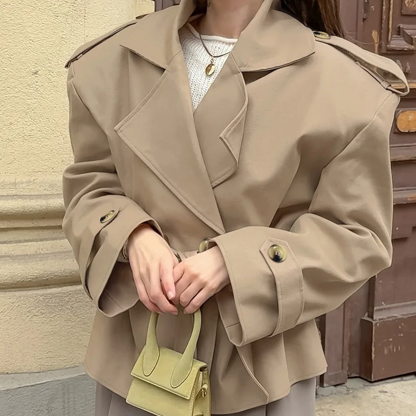 New Womens Belted Trench Coat Short Lapel Windbreaker Jacket Elegant Casual Outerwear for Fall and Spring