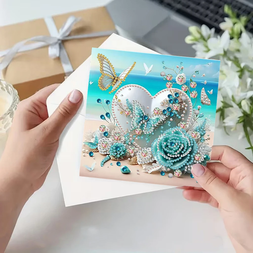 6 Pieces/Kit DIY Diamond Painting Kits Birthday Card Sets, Unique Flower Pattern Design, Sticker Diamond Art Mosaic Postcards, P - view 6