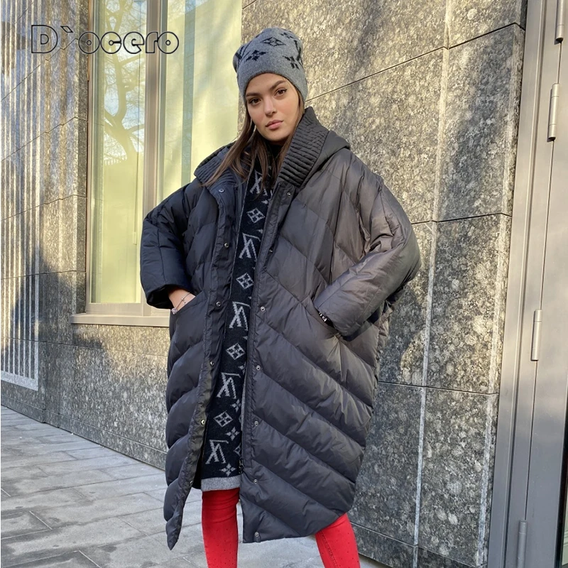 D`OCERO 2022 Fashion Loose Women\'s Winter Down Jacket Hooded Warm Winter Coat Large Size Parkas Female Windproof  Long Overcoat