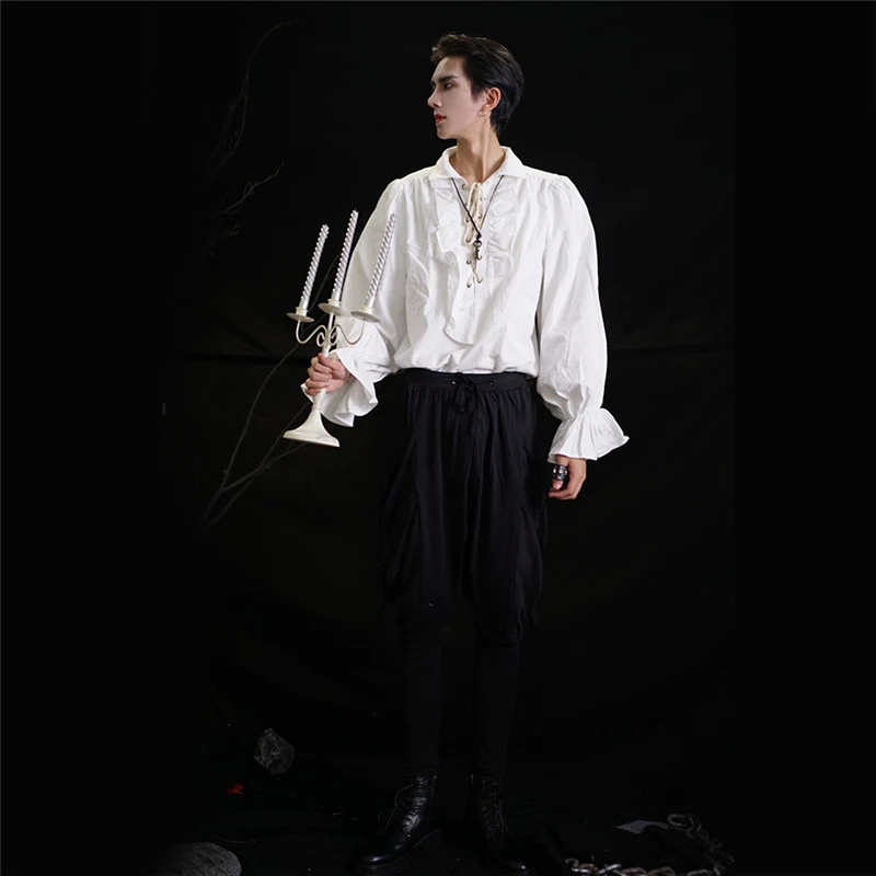 Men Retor Ruffles Party Palace Shirt Men Bandage Long Sleeve Medieval Shirt Gothic Chic Yamamoto Male Blouses Camisas Hombre