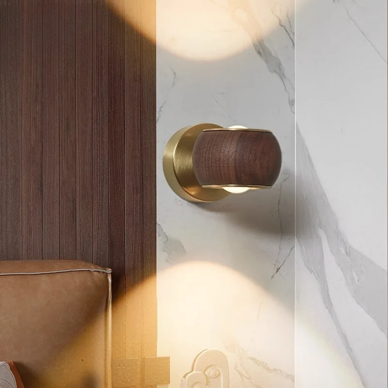 Medieval Wabi-sabi Walnut Wood Brass Base Wall Lamp LED Corridor Balcony Foyer Living Room Bedroom