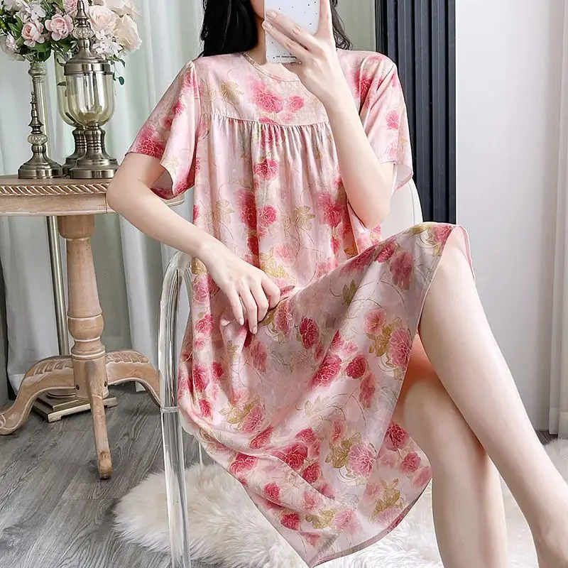 SYsYouthfully Summer Women's Nightgown Dress Flower Printed Rayon Outdoor Homewear Casual Nightwear Tank Nightgowns Sleepshirts