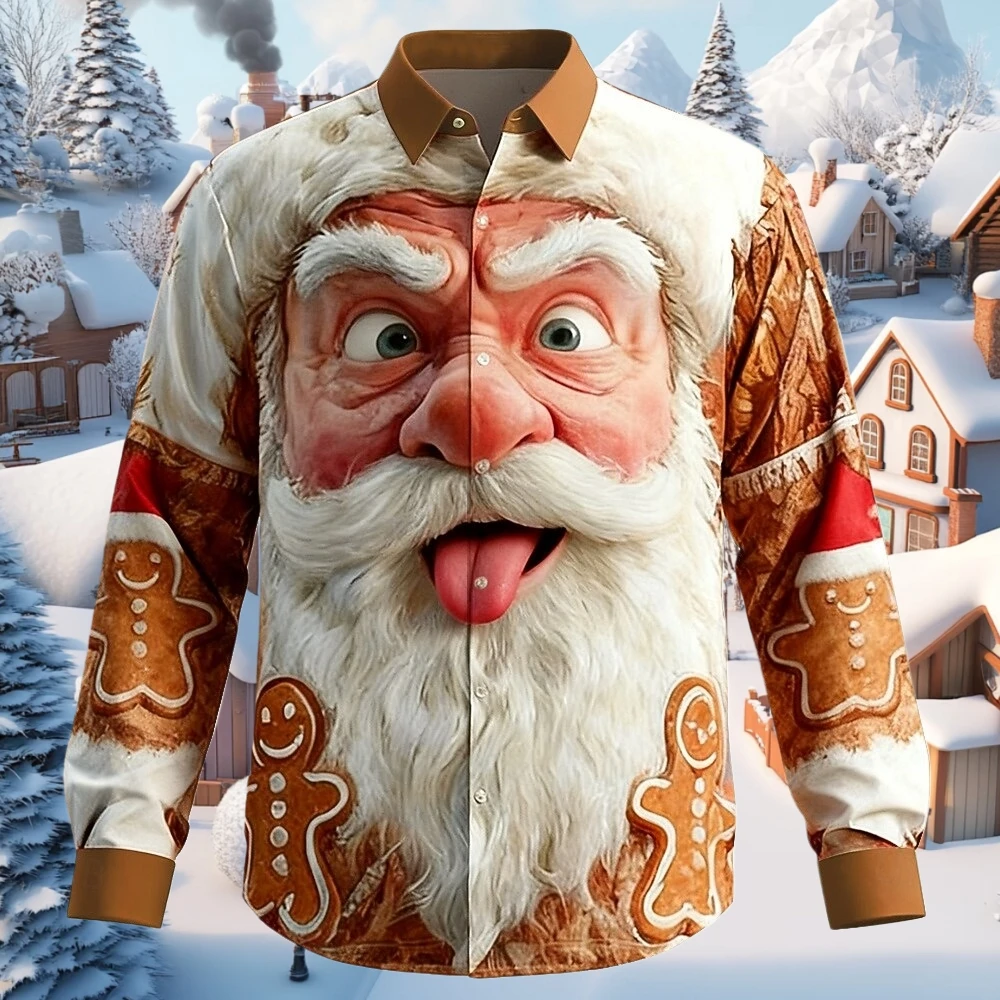 Funny Santa Face Christmas Shirt 3D Graphic Button Long Sleeve Lapel Tops 2026 Casual Loose Holiday Outdoor Wear Shirts for Man