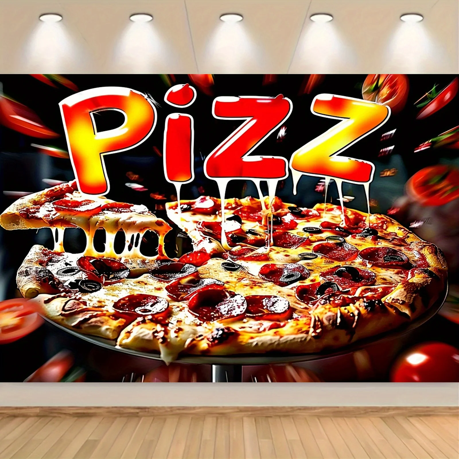 Fondo vibrante para fiesta de pizza con diseños realistas de chile y albahaca, perfecto para cumpleaños