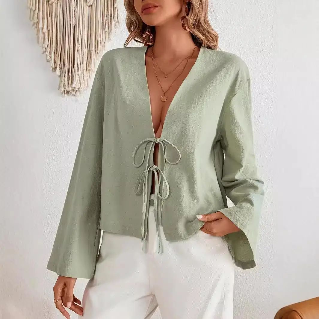 

Women's Lace-Up Long Sleeve Shirt Hollow out Simple Style Loose Fit Universal Pure Color Winter Fashion Outerwear