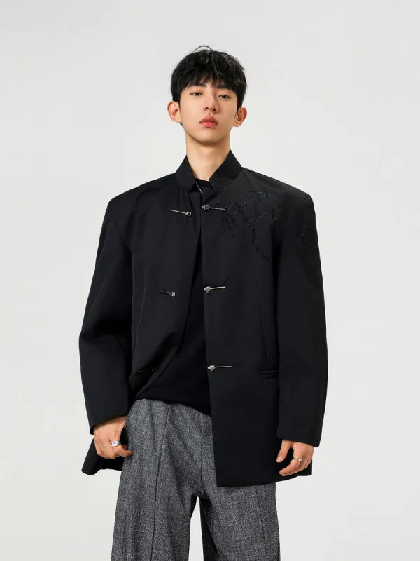 Nuovo colletto alla coreana ricamato Sle cinese Jaet da uomo con bottoni in metallo oulder pad abito casual capispalla primavera autunno alla moda...