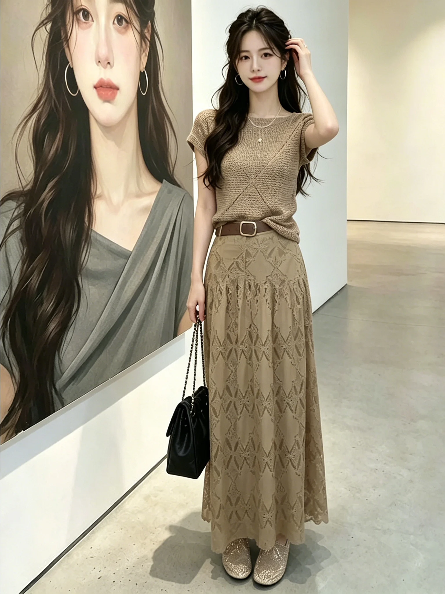

Korean Style Breathable Hollow out Short Sleeve Women's Summer Fashion Set Top And Skirt Two-Piece Suit Lightweight Airy