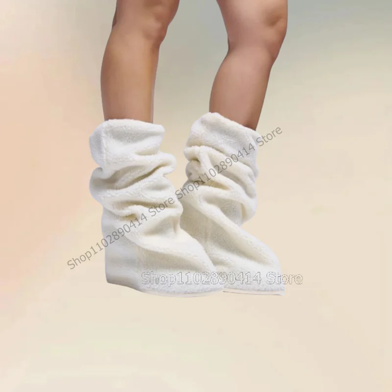 Botas de cuña de lana de cordero Para mujer, Zapatos de punta estrecha, sin cordones, cálidos, a la moda, Para fiesta y banquete, color blanco, 2023