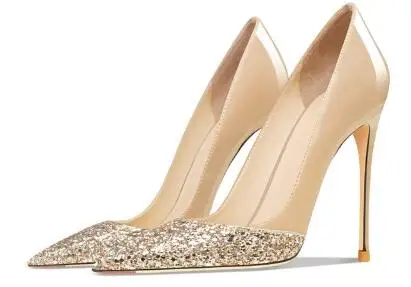 حار المرأة عارية براءات الاختراع والجلود بريق المرقعة الضحلة الانزلاق على مضخات سيدة 12 سنتيمتر الكعوب رقيقة فستان الحفلات أحذية حجم 46 #1