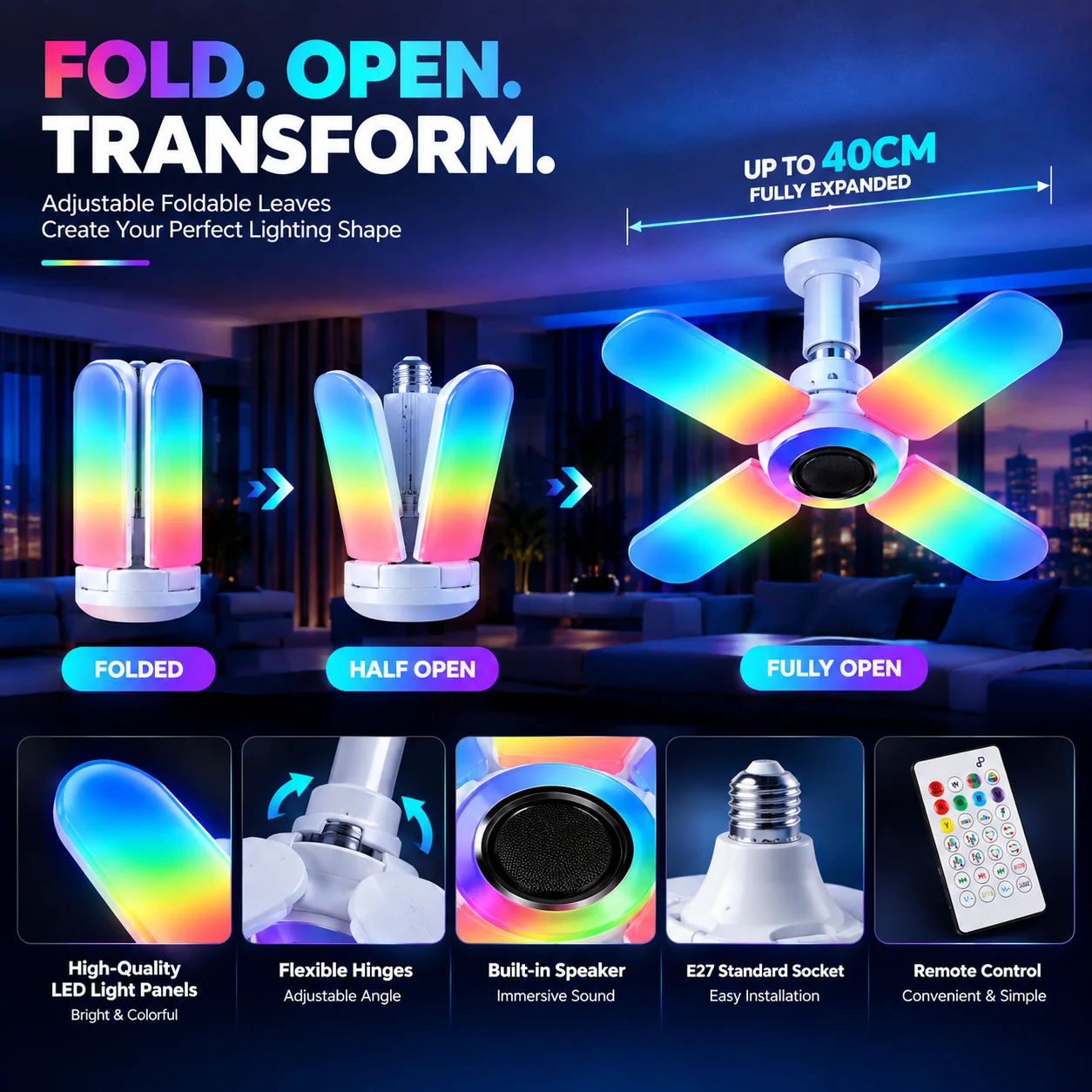 Smart Bluetooth Music Ceiling Light,Deformation RGB Ambient LED Ceiling Lamp Color Changing Light for Bedroom Living Room